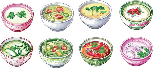 set of drawn cartoon bowls of soup