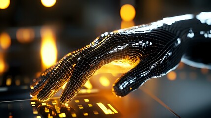 Futuristic robotic hand reaching toward glowing lights against dark background with digital elements and golden bokeh effect. Concept of artificial intelligence.