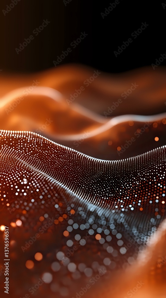 Poster abstract digital wave pattern with glowing orange particles and dots forming dynamic flowing surface