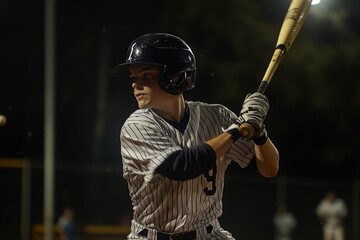 Focused young baseball player preparing to bat under stadium lights during a night game.