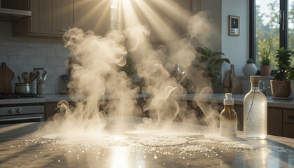 Warm sunlight filters through windows as steam swirls above a kitchen countertop. Two glass bottles sit among scattered granules, creating a serene, inviting atmosphere
