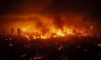 Fototapeta premium City skyline engulfed in intense fire with orange glow and smoke filling the night sky above buildings