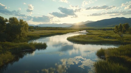Fototapeta premium Tranquil River Serpentine Meandering Through Marshland at Sunset Radiating Through Mountains