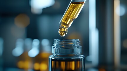 Amber liquid dropping from glass dropper into bottle on dark background with bokeh effect. Aromatherapy oil or medical tincture concept for wellness and healthcare.