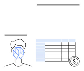 Facial recognition pattern linked with financial spreadsheet and currency sign. Ideal for technology, data analytics, security, biometrics, economics, innovation, artificial intelligence. Flat simple