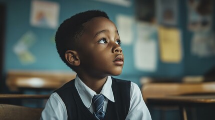 Thoughtful African Schoolboy Student Looking Upwards in Classroom with Uniform on
