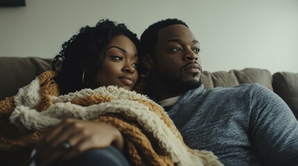 Obraz premium Relaxed African Descent Couple Cuddled on Couch Sharing a Blanket Looking Off into Distance with Thoughtful Expressions