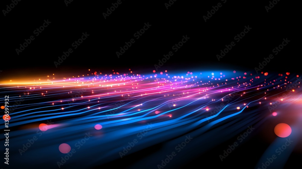 Poster glowing neon lines and particles flow in perspective on dark background creating futuristic technolo