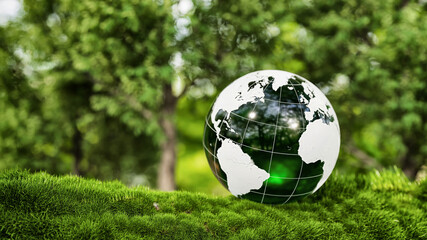 3D Rendering of Green Globe on Moss in Forest Environment..