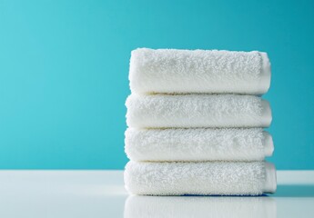 Stack of Fluffy White Towels on a Blue Background Ready to Use