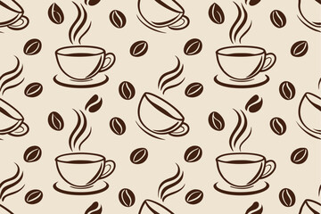 Steaming Coffee Cups, Coffee Beans, Seamless Pattern Design