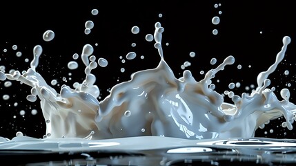 White milk splash crown with droplets against black background, dynamic liquid motion captured in high speed photography showing fluid dynamics and splashing effect.