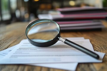 Fototapeta premium Magnifying glass resting on documents with blurred background on a wooden table surface indoors