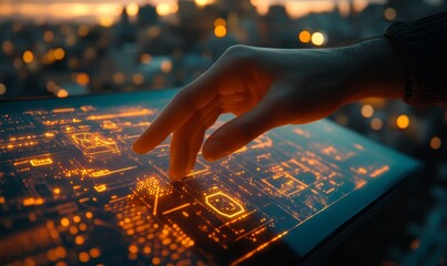 Hand interacting with glowing digital interface over blurred city lights at dusk or dawn view