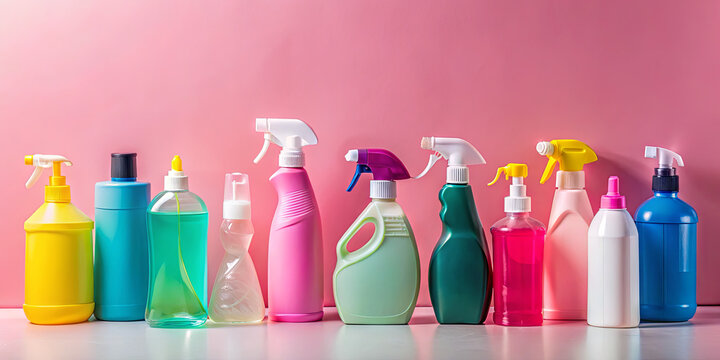 A collection of various cleaning products is neatly lined up on a surface. The bottles in multiple colors suggest a vibrant atmosphere, suitable for household chores and cleaning tasks