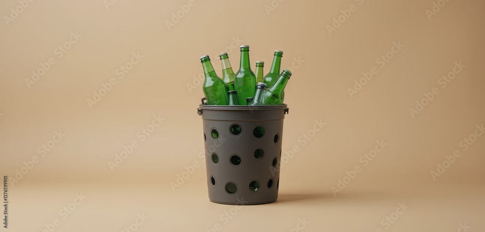 Poster green glass bottles are neatly piled inside a grey container with holes, creating an organized and s