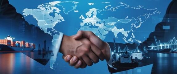 trustful business partnership: men shaking hands in front of map