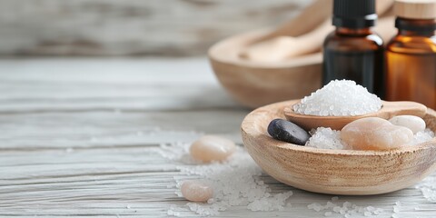Spa relaxation setup featuring natural salts and essential oils on wooden surface for a rejuvenating experience