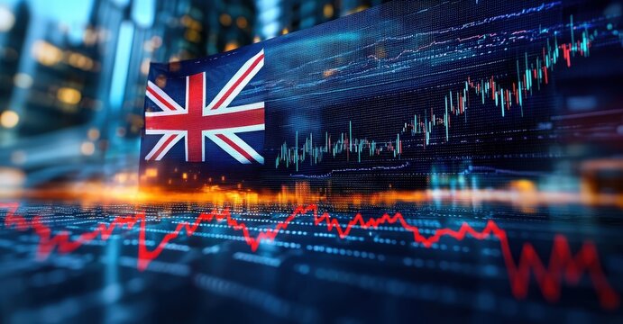 Digital stock market chart with UK flag overlay, reflecting financial data trends and analysis. - Powered by Adobe