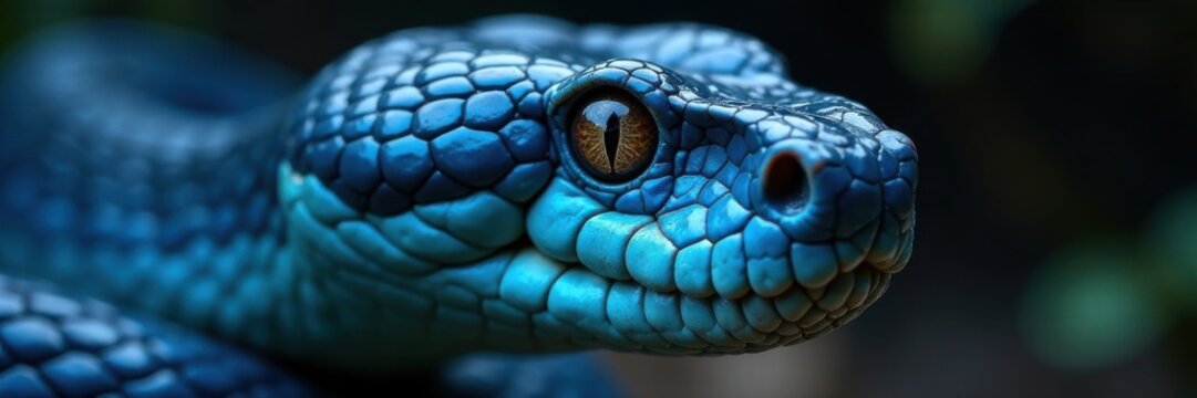 Close-up of a blue viper's mouth, revealing razor-sharp teeth and scaly jaws, reptilian features, snake face