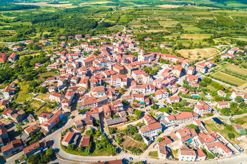 Croatia, Istria. Town of Brtonigla on green istrian hill aerial view