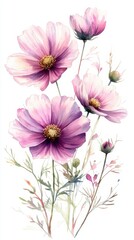 Obraz premium Delicate pink flowers with green stems and leaves, beautifully illustrated in a watercolor style, creating a serene and vibrant botanical composition.