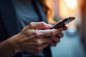 Close-up of a woman's hand cradling a sleek smartphone with fingers wrapped around it, as if protecting it, digital, grip