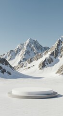 Minimalist podium stage against majestic snow-capped mountain backdrop for display