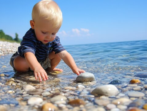 Toddler Discovers Petoskey Stone on a Sunlit Beach: A Perfect Summer Vacation at Lake Michigan