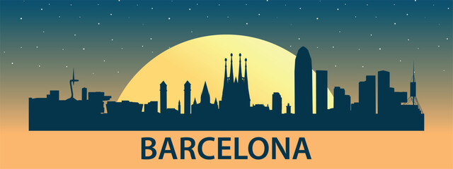 Black silhouette of the city of Barcelona against the background of the Big Yellow Moon and starry sky