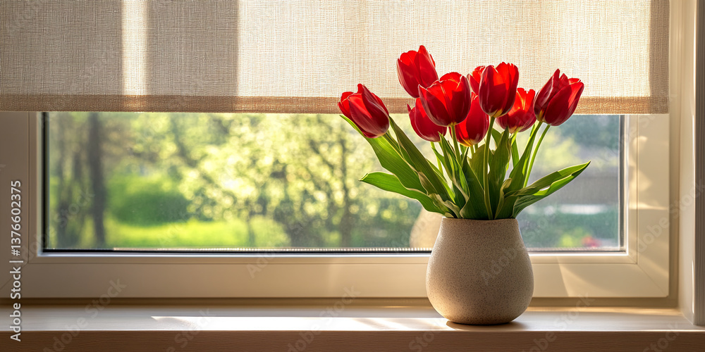 Poster red tulips in a light gray vase sit on a windowsill, sunlight streaming in from a blurred green back