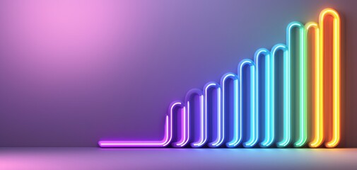 Glowing 3D financial dashboard, rising bar charts and data lines with neon lights, abstract stock analysis scene, 3D illustration