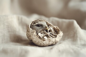 A tiny owl nestled within a skull, a captivating juxtaposition of life and death.