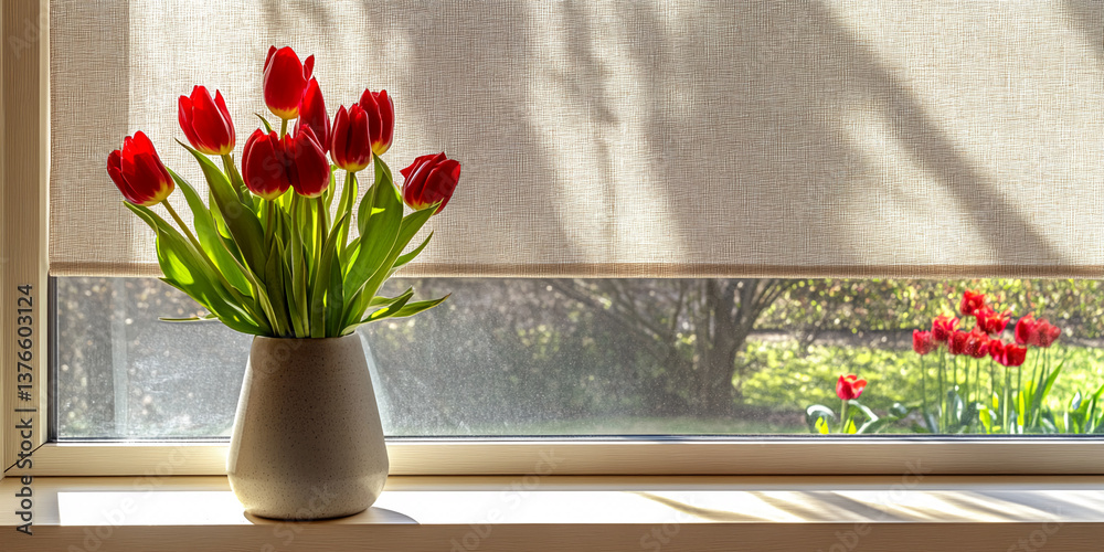 Poster red tulips in a grey vase on a windowsill, sunlight streaming through beige blinds, showcasing sprin