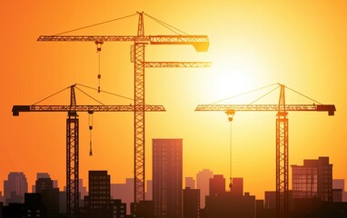 Dynamic urban silhouette with cranes towering over building frameworks, concept of real estate expansion, modernization, and structural design