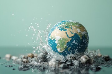 Fototapeta premium A miniature Earth surrounded by water and submerged in pebbles