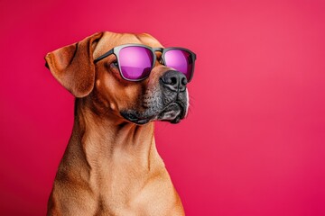 A brown dog wearing sunglasses with purple lenses on a red backdrop