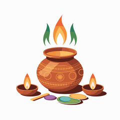 Clay Pot with Fire and Diyas for Hindu Rituals