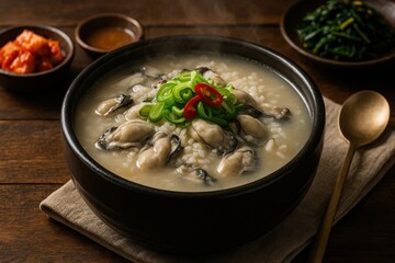 Authentic Korean Oyster Rice Soup Gul Gukbap (굴국밥) Garnished with Green Onion and Chili Peppers

