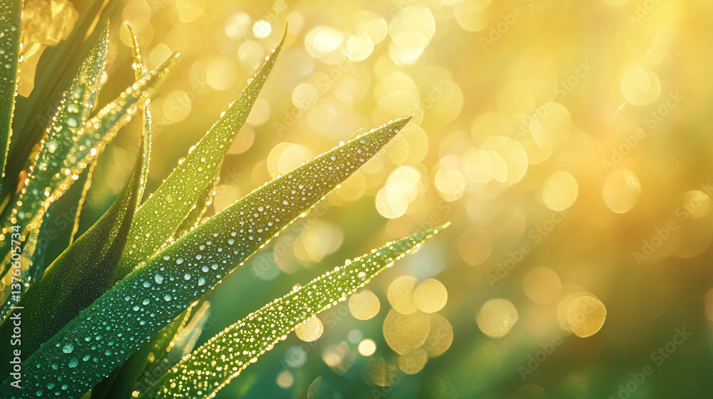 Poster close-up of green leaves covered in dew drops, illuminated by warm sunlight, creating a fresh and vi