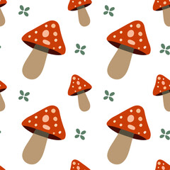 Flat vector autumn pattern with mushrooms, forest, and fox, minimalistic and cozy design.