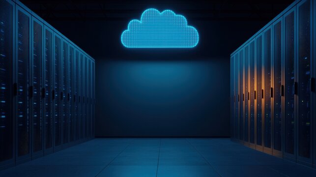 A high-tech data center with illuminated servers and a digital cloud symbol, representing cloud computing and data storage solutions.