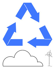 Blue triangular recycling arrows, a minimalistic cloud outline, and a wind turbine suggest green energy, environmental care, and renewable solutions. Ideal for energy, environment, climate, ecology