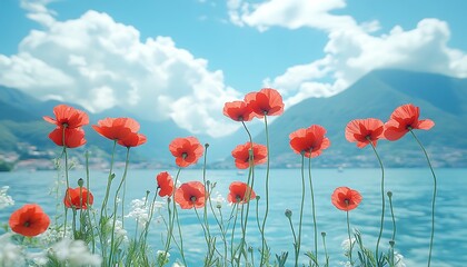 Obraz premium Red Poppies Lake Mountain View.