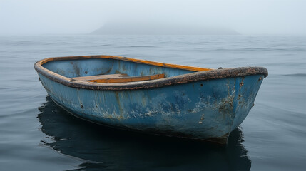 Wooden boat floating on misty sea at dawn, traditional fishing vessel in calm water with foggy mountains in background