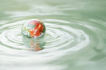 A small globe floats on gently rippling and reflective water