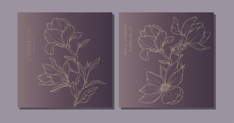 Hand Drawn Magnolia Flowers Outline. Line Art Magnolia Illustration. Botanical Background with trendy minimalist magnolias. Luxury Floral Line Art design