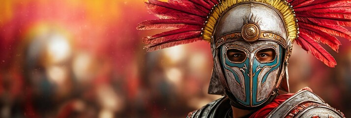 Fototapeta premium Cinco de Mayo, A Roman Centurion in ornate helmet and feathered crest stands ready for battle His ancient armor gleams The blurred background hints at a vast army