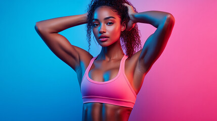 Fitness model showcasing strength in vibrant lighting