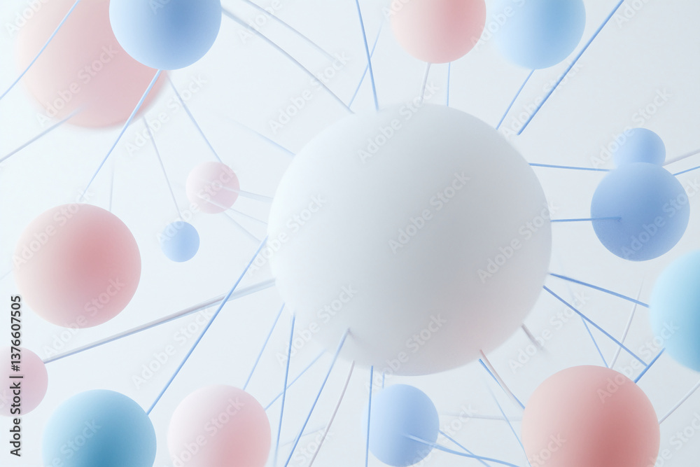 Poster Abstract pastel spheres connected by thin lines, creating a delicate and airy structure, showcasing a minimalist design ideal for branding or website backgrounds